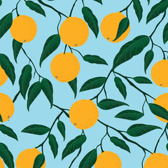 Tropical seamless pattern with oranges. Fruit repeated background. Vector bright print for fabric or wallpaper. green leaf