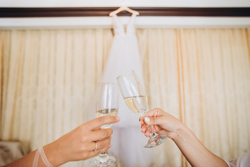 white bride's dress. Detail of the dress close-up. The dress on a hanger.