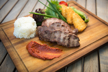 delicious dinner grilled meat menu with rice and salad