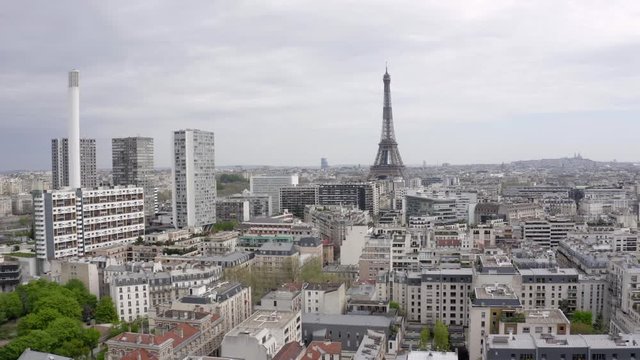 Paris, France / 04 13 2020: Aerial view / Drone shot of Paris less polluted cityscape during coronavirus / covid-19 quarantine 4K