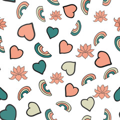 Seamless romantic pattern of rainbows, hearts, lotuses. Graphic for web, print, fabric.  Bright colors.  Esoteric. Romantic