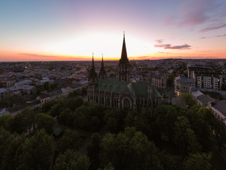 Fototapeta premium Aerial veiw on Elizabeth church in Lviv, Ukraine from drone at night