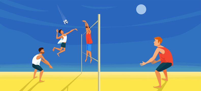 Beach volleyball game. Spiker is kicking the ball. The digger stands in a protective stance on bent knees. Player puts a block. Attack and defense. Full swing game. Competition between two teams.
