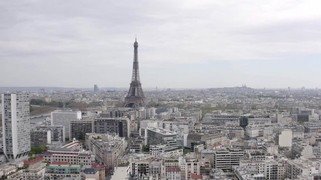 Paris, France / 04 13 2020: Aerial view / Drone shot of Paris less polluted cityscape during coronavirus / covid-19 quarantine 4K