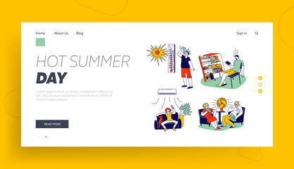 Obraz na płótnie Canvas Characters in Summer Time Hot Period Landing Page Template. Young and Aged People Sitting on Sofa Use Fans, Using Conditioner, Pouring Water to Get a Little Bit Cool. Linear Vector Illustration