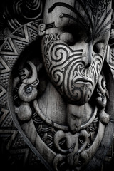 Maori traditional carving outside Marae. Ta moko. New Zealand.  - obrazy, fototapety, plakaty