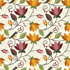 Vector design flowers and bird seamless pattern fabric textile wallpaper.