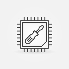 Computer Processor with Screwdriver line icon. Vector CPU repair concept symbol