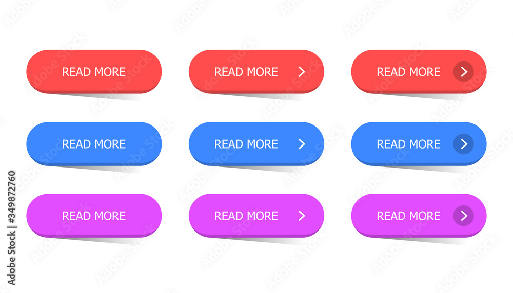 Poster read more colorful modern 3d button set. flat line trendy button collection. vector web element.