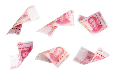 Isolated of 100 China renminbi Yuan banknote currency flying collection on white background. China have high economic growth and Yuan currency is the main exchanging. - obrazy, fototapety, plakaty
