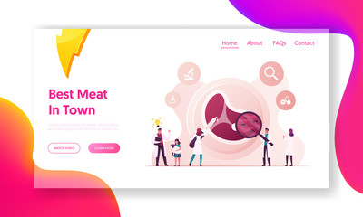 Scientists Growing Cultured Meat in Laboratory of Stem Cells Landing Page Template. Tiny Characters Inspecting Artificial Meat in Lap Looking through Magnifier. Cartoon People Vector Illustration