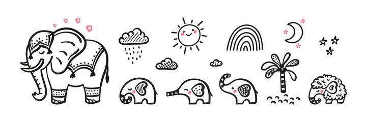 Family of Cute Elephants Vector Set. Weather Elements Patterns, Mom Elephant with Baby Elephants and Little Mammoth. Hand drawn Doodle Cartoon African and Indian Animals. Coloring Page for Kids
