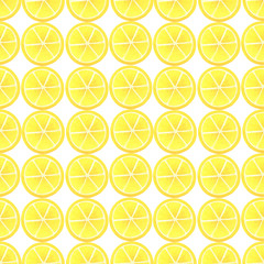 Yellow citrus slices. Summer seamless pattern with lemon and orange pulp. Ornament of round fruit on a white background. Illustration with gouache. Stock image.