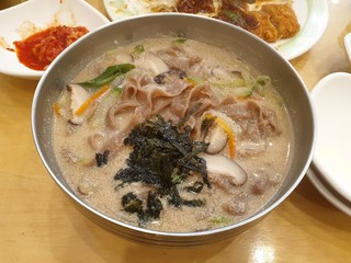Korean acorn perilla noodle. The warm and savory taste is excellent.