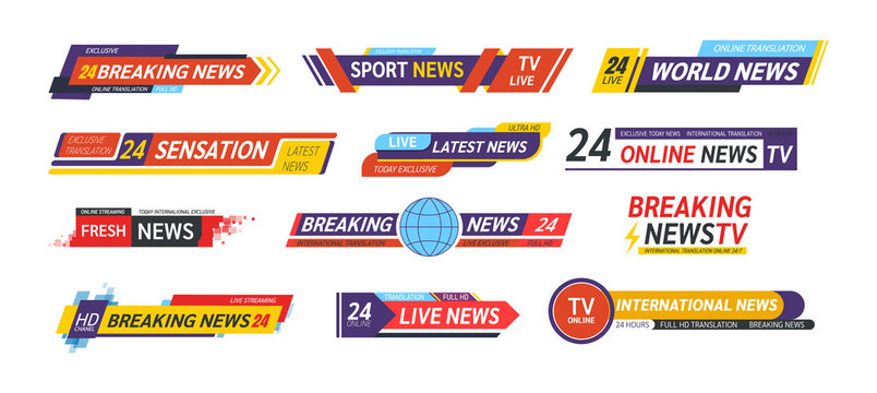 TV title news bar logos, news feeds, television, radio channels. Banner of live television broadcast media title, breaking news, streaming show news sport channel media tv bar vector isolated