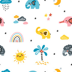 Cute Elephants Vector Seamless Pattern. Weather Elements Patterns, Baby Elephants and Little Mammoth. Doodle Cartoon Animals. Colorful Background for Kids. Children's wallpaper
