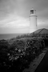 Lighthouse, looking out to sea, black and white