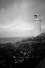 Lighthouse, looking out to sea, black and white