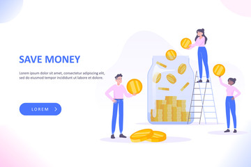 Save money and investment concept. Young people standing near huge join jar. People saving gold coin into glossy money jar. Save your money, vector illustration