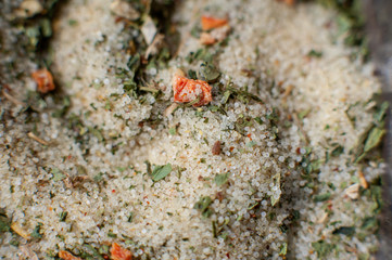 The Delicious Salt With Different Spices. Macro Photo.