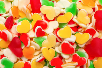 Juicy colorful jelly sweets. Gummy candies. Hearts.