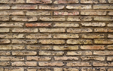 old wall background texture with light bricks in white, brown and yellow colors - horizontal...