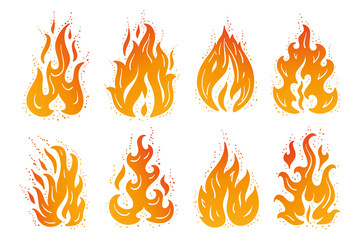 Fire Flames Icons Vector Set. Hand Drawn Doodle Fire Flame Tattoo Silhouettes Drawing
