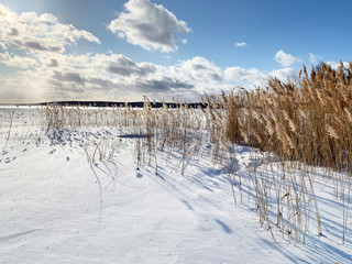 Russia, Chelyabinsk region. Lake Uvildy in cloudy January day