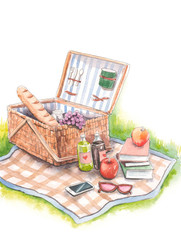 Hand drawn watercolor artwork. Painted aquarelle picture. Artist painting. Romantic garden picnic. Sunny day. Vintage, food, fresh bread, books, wicker basket, checkered blanket, grass, lawn.