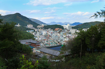 Samgwangsa Temple and view of Busan, South Korea