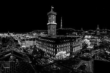 white sketch on black background, inversion. View on Lviv city hall 