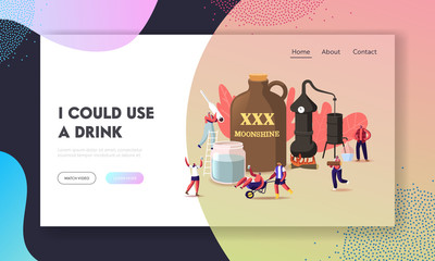 Tiny Characters Make Moonshine Conditions Landing Page Template. Accessories for Homemade Alcohol Production. Drunk People, Woman with Alcohol Meter, Man in Wheelbarrow. Cartoon Vector Illustration