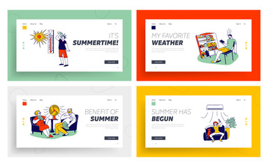 Characters in Summer Time Hot Period Landing Page Template set. Young and Aged People Sitting on Sofa Use Fans, Using Conditioner, Pouring Water to Get a Little Bit Cool. Linear Vector Illustration