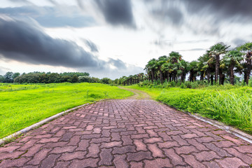 Brick road and green grass with forest on a cloudy day.