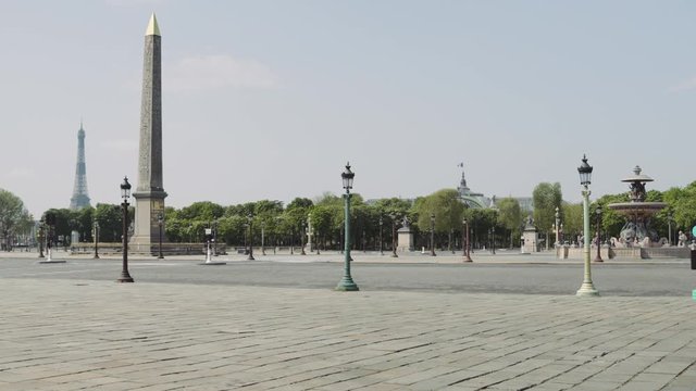 Paris, France / 04 13 2020: Deserted Place Concorde during coronavirus / Covid19 lockdown in Paris, France 4K