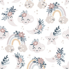 seamless pattern with floral moon and rainbow - vector illustration, eps © Hanna