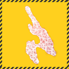 Ko Phi Phi closed - virus danger sign. Lockdown island icon. Black striped border around map with virus spread concept. Vector illustration.