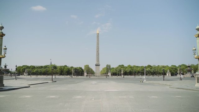 Paris, France / 04 13 2020: Deserted Place Concorde during coronavirus / Covid19 lockdown in Paris, France 4K