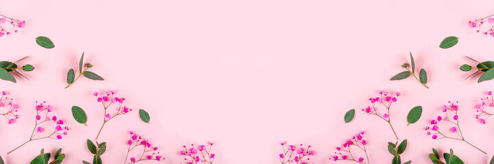 Beautiful spring flowers and eucalyptus branches on a pastel pink background. Natural pattern. Trendy backdrop. Festive concept. Banner. Essential. Place for text. Copy space. Top view.