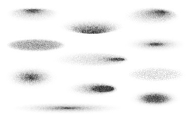 Stipple gradient oval shadow set, stippling hatching technique shadow effect vector illustration, various round halftone dot gradient bottom shadows isolated on white