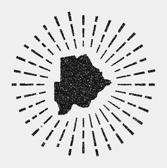 Vintage map of Botswana. Grunge sunburst around the country. Black Botswana shape with sun rays on white background. Vector illustration.