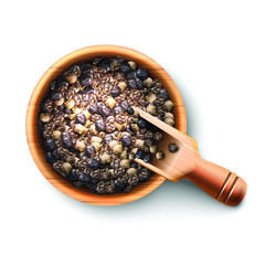 3d realistic vector black pepper in a wooden bowl with a wooden spoon. Isolated on white background.