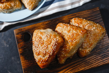 Asian cuisine. Homemade samsa with chicken, sesame and greens on a dark background. Top view side View. Space for text