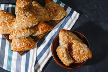 Asian cuisine. Homemade samsa with chicken, sesame and greens on a dark background. Top view side View. Space for text