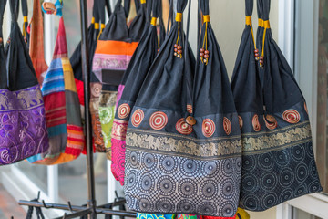 Africa styl souvenir Bags hanging at a shop in Diani Beach, Kenya
