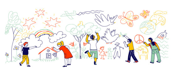 Kids Characters of Different Nationalities Painting and Drawing with Chalk Pencils on White Wall. Peace or International Children Day Concept. Friendship, Education. Linear People Vector Illustration