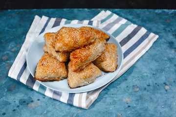Asian cuisine. Homemade samsa with chicken, sesame and greens on a dark background. Top view side View. Space for text