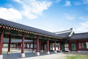 It is a historic building in Korea. It is a view of a space inside Gyeongbokgung Palace.