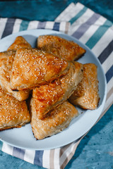 Asian cuisine. Homemade samsa with chicken, sesame and greens on a dark background. Top view side View. Space for text