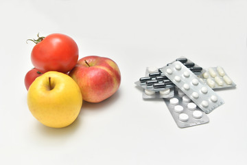 healthy food or pills, fruits and antibiotics, immunity or pills,